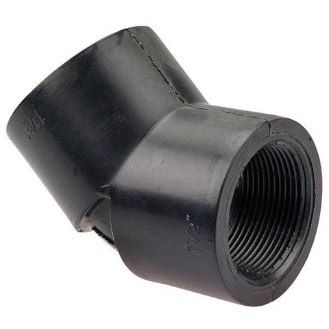 (Nibco Part#: CC01750) 6106-3-3 - Thread 45-degree Elbow FPT x FPT - Black Polypropylene Schedule 80 - Flow Control Products