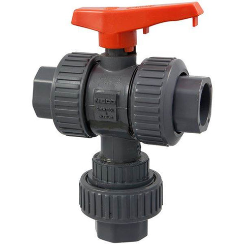 (Nibco Part#: MA975A8) T45D2-V - Ball Valve - Threaded, True Union, 3-Way 2-Position Diverter, PVC Schedule 80, FKM - Flow Control Products