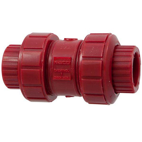 (Nibco Part#: MD800A8) T65BC-V - Ball Check Valve - Threaded, True Union, Kynar Red PVDF Schedule 80, FKM - Flow Control Products