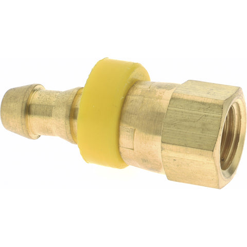 Barbed Push-On Hose Female Connector: 7/16-20 UNF, Brass, 1/4" Barb