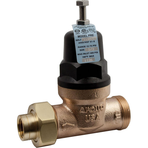 Pressure Reducing Valves; Type: Economy Standard Water Pressure Reducing Valve; Maximum Pressure (psi): 400.00; Thread Size: 3/4; Connection Type: Double Union FNPT; Width (Inch): 5.49; Reduced Pressure Range: 15 to 75; Maximum Working Pressure (psi): 400