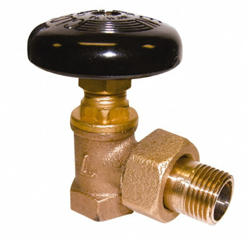 3/4" Pipe, 60 psi WOG Rating, FNPT x Male Union End Connections, Handwheel Hot Water Angle Radiator Valve