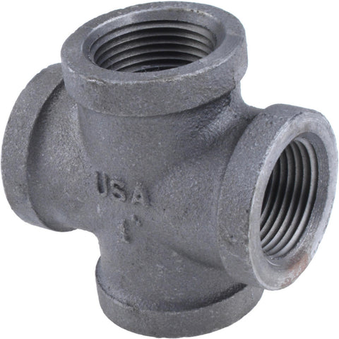 Black Pipe Fittings: Cross, 1", Threaded, Malleable Iron