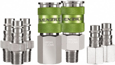 7 Piece 1/4" Body 1/4 NPT 300 psi Steel/Aluminum High Flow Pneumatic Coupling Plug Set