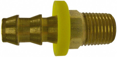 Barbed Push-On Hose Male Connector: 1/8" NPTF, Brass, 3/8" Barb