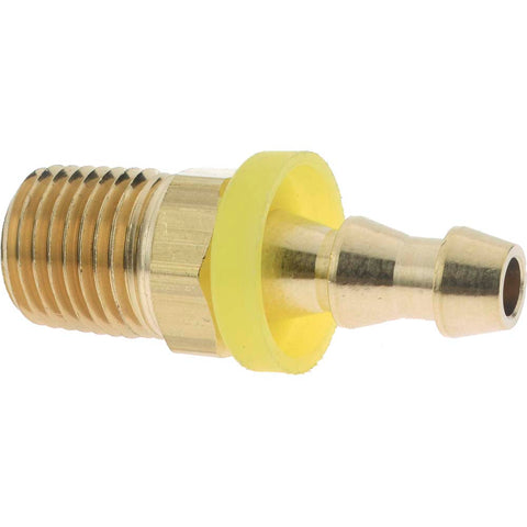Barbed Push-On Hose Male Connector: 1/4" NPTF, Brass, 1/4" Barb