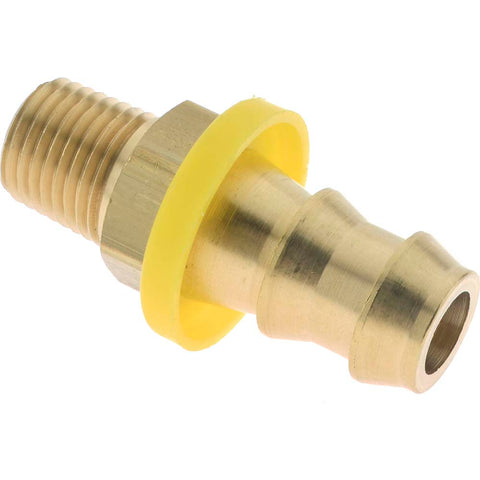 Barbed Push-On Hose Male Connector: 1/4" NPTF, Brass, 1/2" Barb
