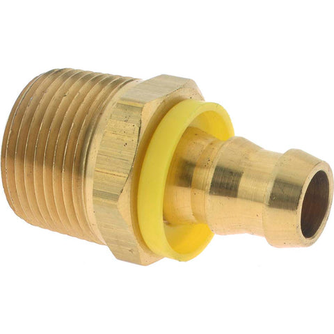 Barbed Push-On Hose Male Connector: 3/4" NPTF, Brass, 1/2" Barb