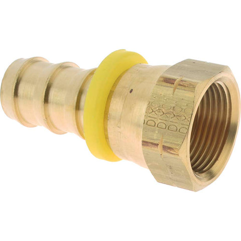 Barbed Push-On Hose Female Connector: 11/16" UNF, Brass, 3/4" Barb