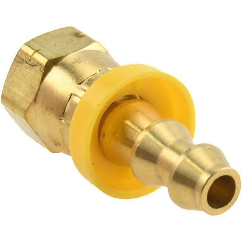 Barbed Push-On Hose Female Connector: 7/16" UNF, Brass, 1/4" Barb