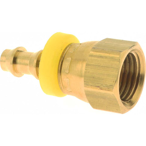 Barbed Push-On Hose Female Connector: 9/16" UNF, Brass, 1/4" Barb