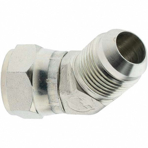 Steel Flared Tube 45 Deg Swivel Elbow: 3/4" OD, 1-1/16-12 x 1-1/16-12 Thread, 37 deg Flared Angle