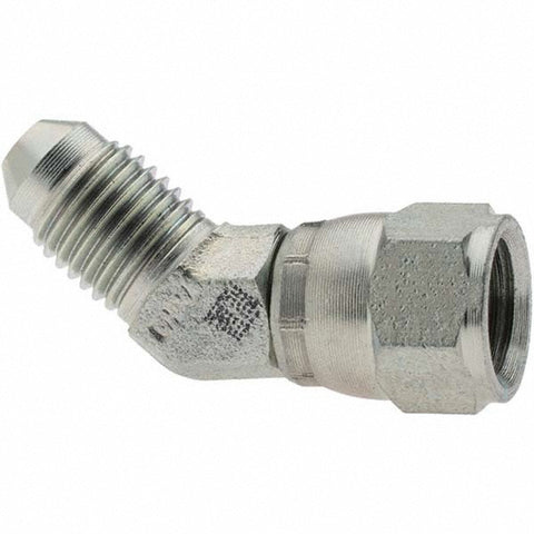 Steel Flared Tube 45 Deg Swivel Elbow: 1/4" OD, 7/16-20 x 7/16-20 Thread, 37 deg Flared Angle
