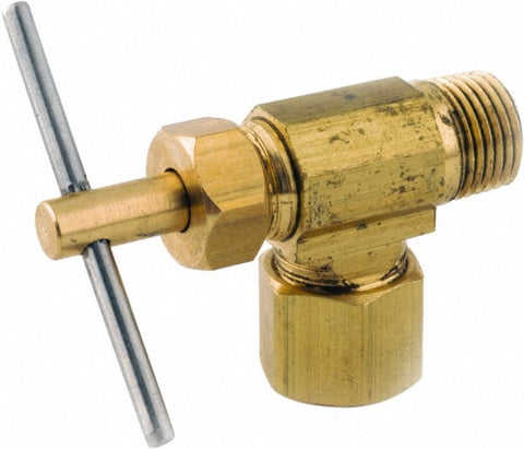 Needle Valve: Angled, 3/8 x 1/4" Pipe, Lead-Free Brass Body, Brass Seal