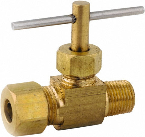 Needle Valve: Straight, 1/4 x 1/4" Pipe, Lead-Free Brass Body, Brass Seal