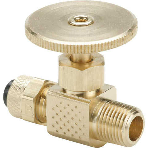 Needle Valve: Straight, 3/8 x 1/4" Pipe, Poly-Tite to Male Pipe End, Brass Body