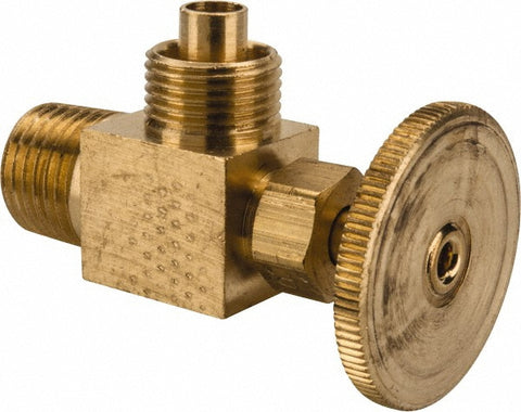 Needle Valve: Angled, 3/8 x 1/4" Pipe, Poly-Tite to Male Pipe End, Brass Body