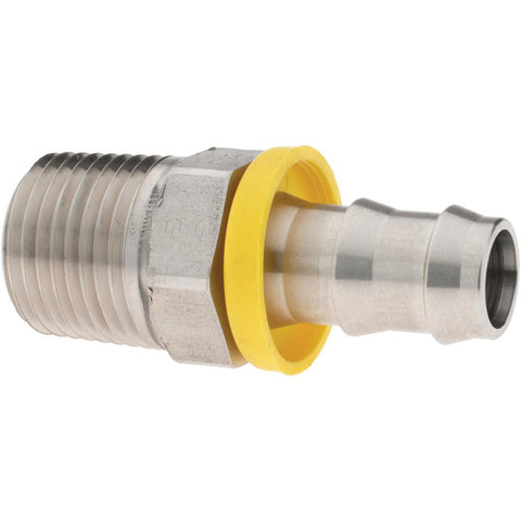 Barbed Push-On Hose Male Connector: 1/4-18 MNPTF, Stainless Steel, 3/8" Barb