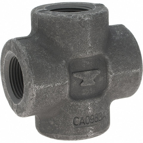 Black Pipe Fittings: Cross, 1", Threaded, Forged Carbon Steel