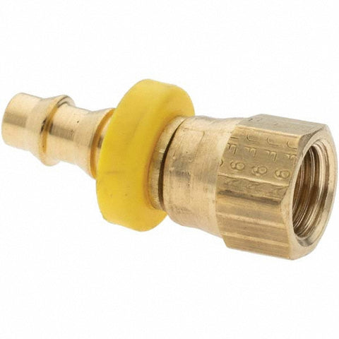 Barbed Push-On Hose Female Swivel: 7/16-20 FJIC, Brass, 1/4" Barb
