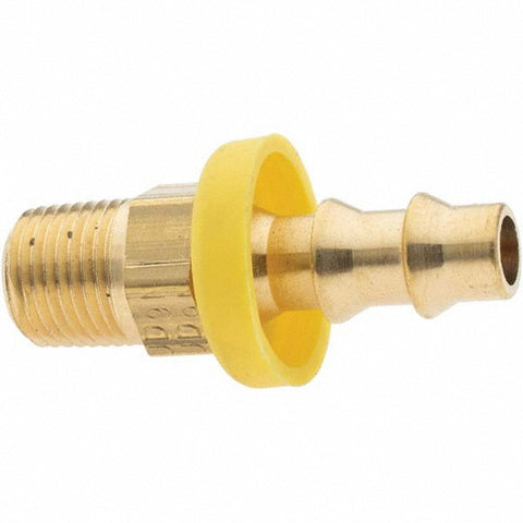 Barbed Push-On Hose Male Connector: 1/8-27 MNPTF, Brass, 1/4" Barb