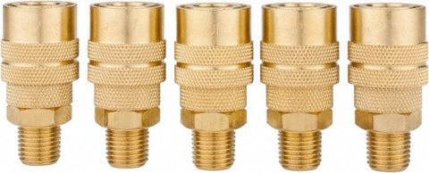 5 Piece 1/4" Body 1/4 NPT 145 psi Brass Industrial Pneumatic Coupling Plug Set