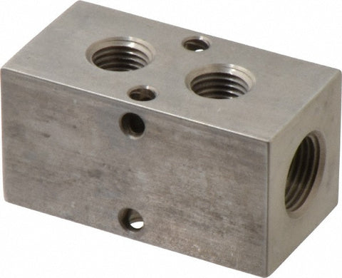 Manifold: 3/8" Inlet, 1/4" Outlet, 2 Inlet Ports, 2 Outlet Ports, 2.38" OAL, 1.25" OAW, 1-1/4" OAH