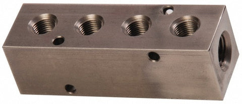 Manifold: 1/2" Inlet, 3/8" Outlet, 2 Inlet Ports, 4 Outlet Ports, 4.75" OAL, 1.5" OAW, 1-1/2" OAH