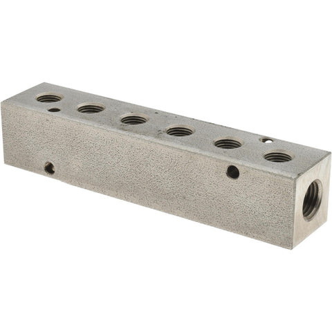 Manifold: 1/4" Inlet, 1/8" Outlet, 2 Inlet Ports, 6 Outlet Ports, 4.75" OAL, 1" OAW, 1" OAH