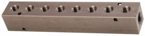 Manifold: 3/8" Inlet, 1/4" Outlet, 2 Inlet Ports, 8 Outlet Ports, 7.63" OAL, 1.25" OAW, 1-1/4" OAH