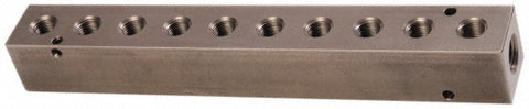 Manifold: 1/4" Inlet, 1/8" Outlet, 2 Inlet Ports, 10 Outlet Ports, 7.75" OAL, 1" OAW, 1" OAH