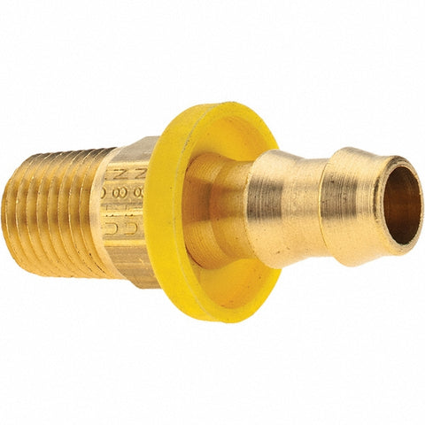Barbed Push-On Hose Male Connector: 1/4-18 Male NPTF, Brass, 3/8" Barb