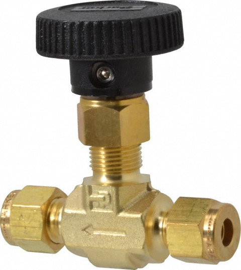 Needle Valve: Round Handle, Straight, 1/4" Pipe, Compression x Compression End, Brass Body, Polytetrafluoroethylene Seal