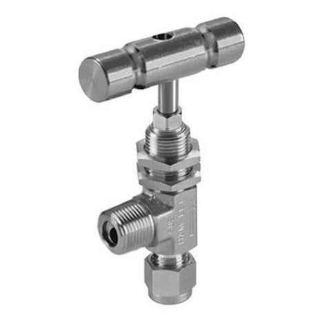 Needle Valve: T-Handle, Angled, 1/4" Pipe, MNPT x Compression End