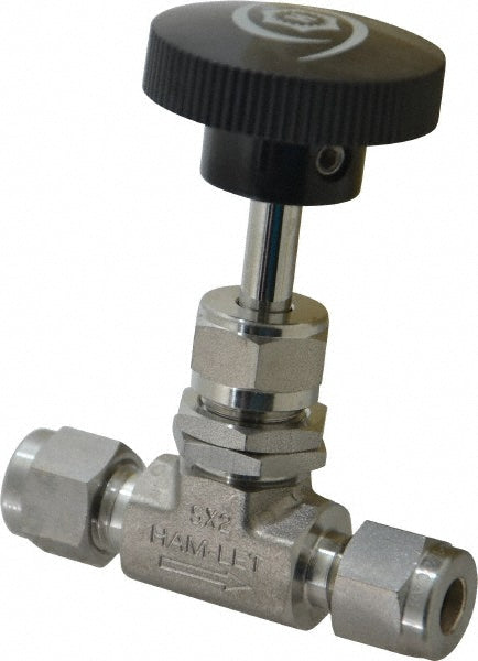 Needle Valve: Round Knob Handle, Straight, 1/4" Pipe, Compression x Compression End, Stainless Steel Body