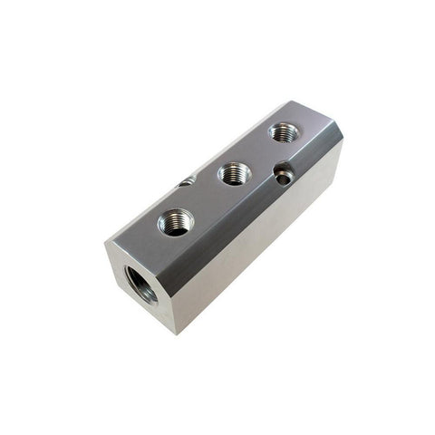 Manifold: 1/2" Inlet, 1/4" Outlet, 2 Inlet Ports, 3 Outlet Ports, 4-3/4" OAL, 1-37/64" OAW, 1.58" OAH