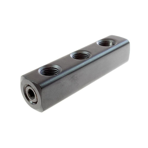 Manifold: 1/4" Inlet, 1/4" Outlet, 1 Inlet Port, 3 Outlet Ports, 3-3/4" OAL, 13/16" OAW, 0.81" OAH