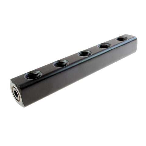 Manifold: 1/4" Inlet, 1/4" Outlet, 1 Inlet Port, 5 Outlet Ports, 6-1/4" OAL, 13/16" OAW, 0.81" OAH