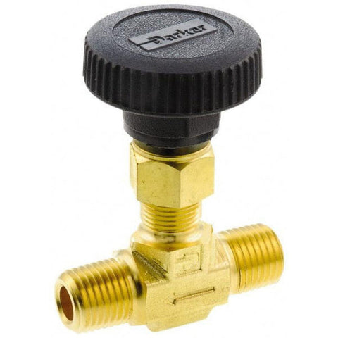 Needle Valve: Round Handle, Straight, 3/8" Pipe, MNPT x MNPT End, Brass Body, Polytetrafluoroethylene Seal