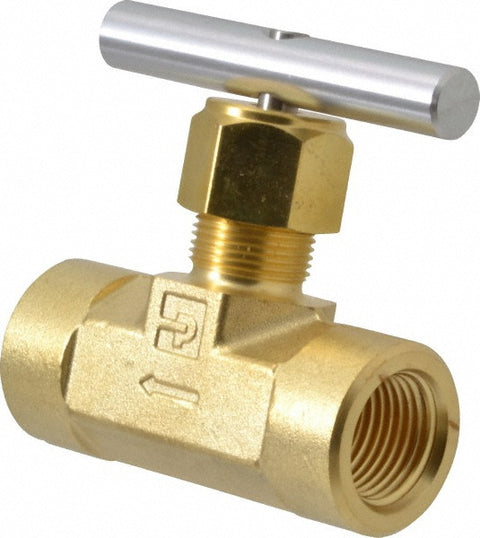 Needle Valve: Round Handle, Straight, 1/2" Pipe, FNPT x FNPT End, Brass Body, Polytetrafluoroethylene Seal