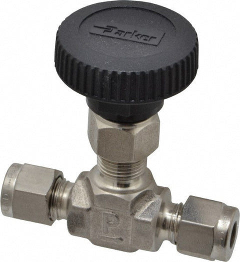 Needle Valve: Round Handle, Straight, 1/4" Pipe, Compression End, Stainless Steel Body, Polytetrafluoroethylene Seal
