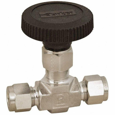 Needle Valve: Round Handle, Straight, 3/8" Pipe, Compression End, Stainless Steel Body, Polytetrafluoroethylene Seal