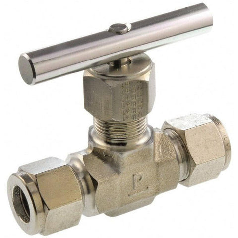 Needle Valve: Round Handle, Straight, 1/2" Pipe, Compression End, Stainless Steel Body, Polytetrafluoroethylene Seal