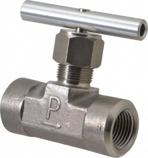 Needle Valve: Round Handle, Straight, 1/2" Pipe, FNPT x FNPT End, Stainless Steel Body, Polytetrafluoroethylene Seal