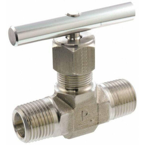 Needle Valve: Round Handle, Straight, 1/2" Pipe, MNPT x MNPT End, Stainless Steel Body, Polytetrafluoroethylene Seal