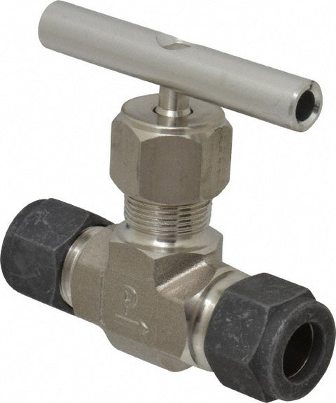 Needle Valve: Round Handle, Straight, 1/2" Pipe, Compression x Compression End, Stainless Steel Body, Polytetrafluoroethylene Seal