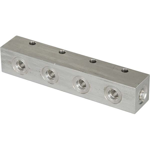 Manifold: #4 Inlet, 4 mm Outlet, 7 Inlet Ports, 7 Outlet Ports, 3-1/2" OAL, 1-1/4" OAW