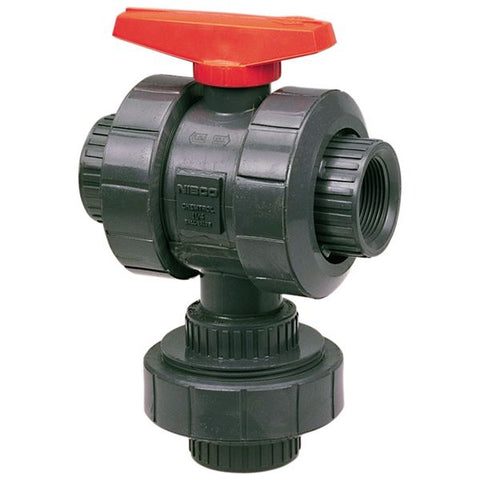 (Nibco Part#:  MA784A6) T45M3-E - Ball Valve - Threaded, True Union, 3-Way 3-Position Multi-Port, PVC Schedule 80, EPDM